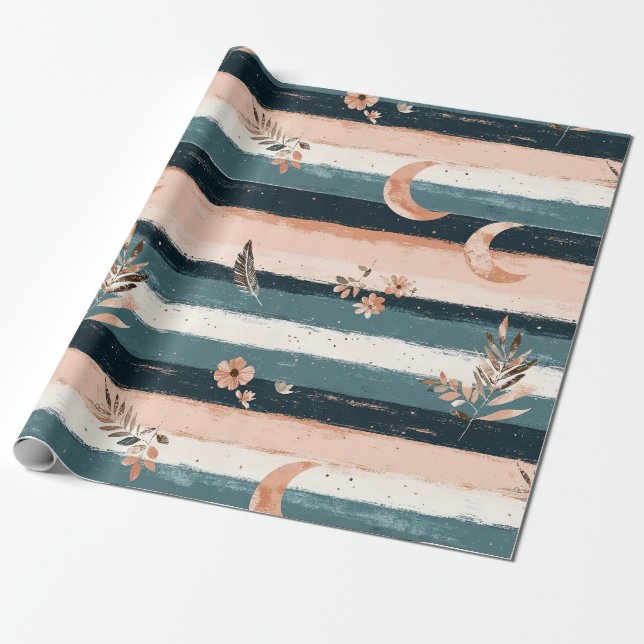 Papel De Presente Listra da Lua Celestial Boho em Tons Terrosos (Desenrolado)