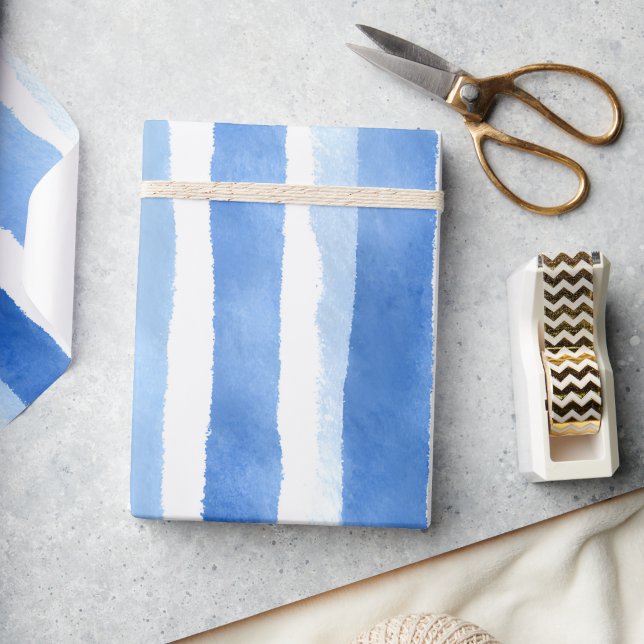Papel De Presente Listra de Aquarela Azul (Blue Watercolor Stripe Wrapping Paper)