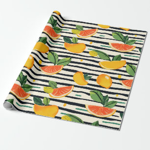 Papel De Presente Listra de Fruta Tropical Amarela Laranja Rosa e Ve