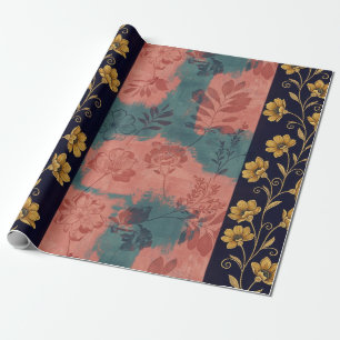Papel De Presente Listra Floral Vintage com Acento Botânico Dourado