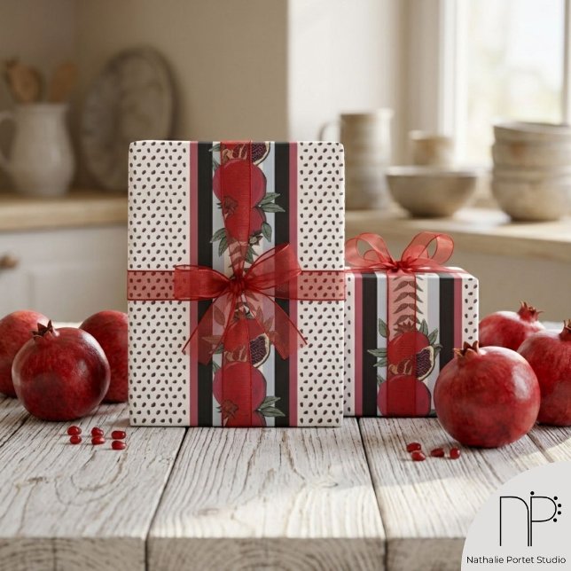 Papel De Presente Listra Moderna de Semente de Romã (Hand drawn pomegranate fruit and seed stripe pattern wrapping paper on neutral background)