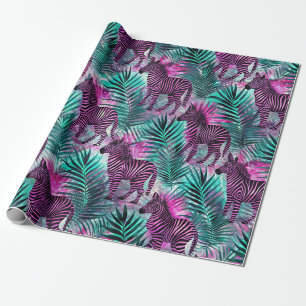 Papel De Presente Listra Rosa Zebra Jungle Padrão Tropical