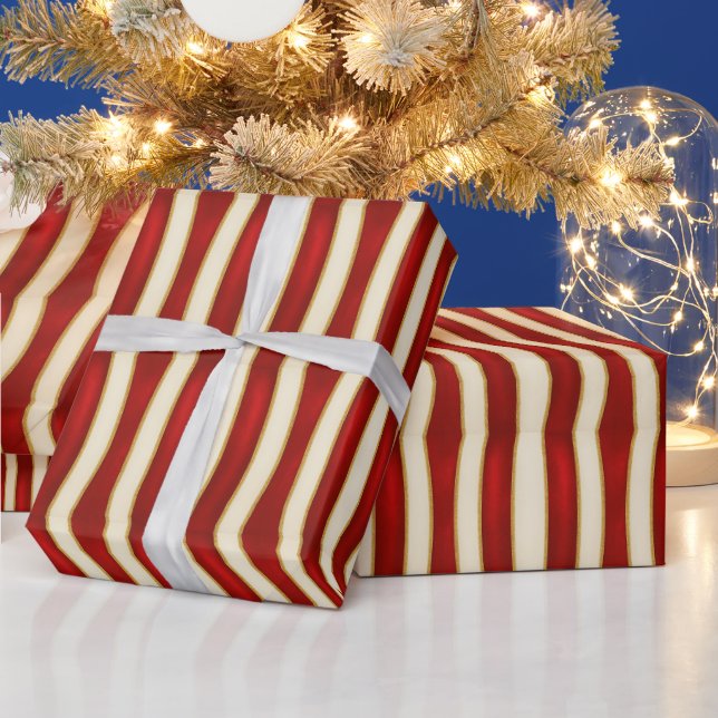 Papel De Presente Listra Vermelha Dourada – Natal Moderno (Feriados)