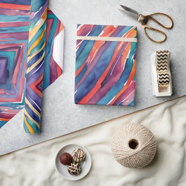 Papel De Presente Listras Aquarela Laranja, Rosa Azul Verde Roxo  (Artesanato)