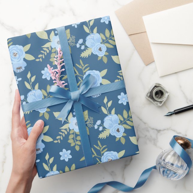 Papel De Presente Listras Azuis Florais Verde Navy  (Presentear)
