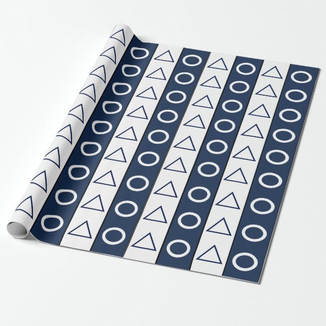Papel De Presente Listras Brancas Azuis Círculo Triângulo Geométrico (Desenrolado)