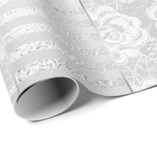 Papel De Presente Listras brancas do laço da prata floral real dos
