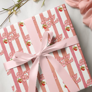 Papel De Presente Listras Brancas Rosa Berry 1º Aniversário Morango