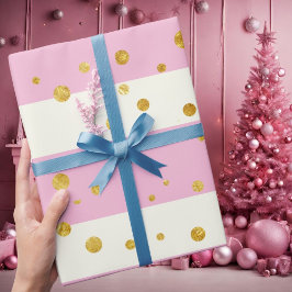 Papel De Presente Listras Brancas Rosa Pontos de Bolinhas Dourados