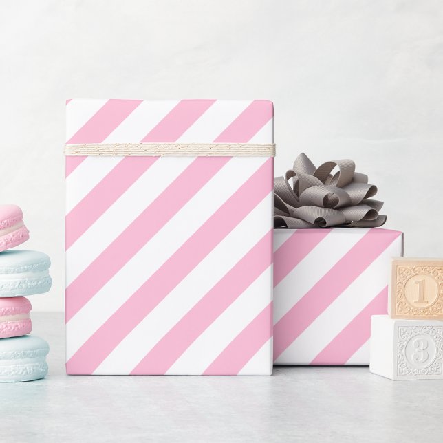 Papel De Presente Listras Brancas Rosa Texto Dourado Natal Aniversár (Pink White Stripes Gold Text Christmas Birthday Wrapping Paper)