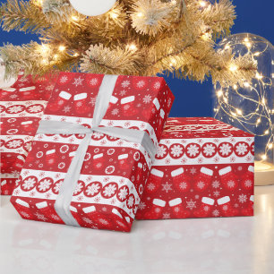 Papel De Presente Listras clássicas vermelhas e luvas de inverno nev