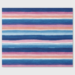 Papel De Presente Listras Costeiras em Aquarela Azul e Rosa