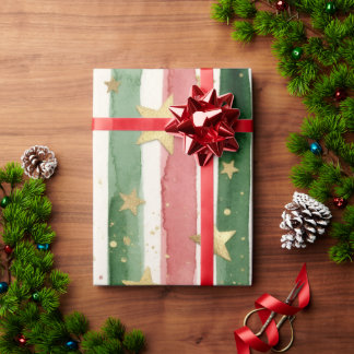 Papel De Presente Listras de Aquarela e Estrelas Douradas Natal