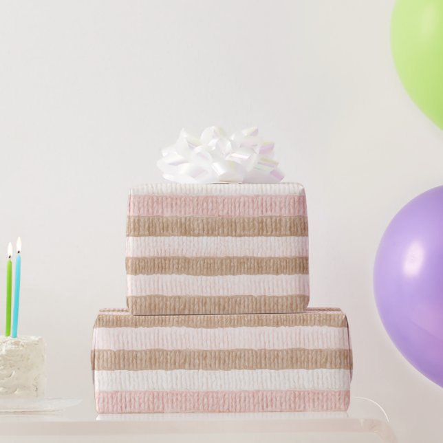Papel De Presente Listras de Bege Creme Rosa Aniversário (Presentes para festas)