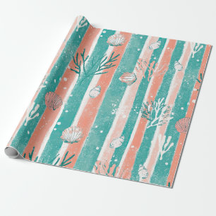 Papel De Presente Listras de Coral em Padrão de Aquarela Costeira (6