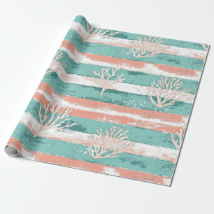 Papel De Presente Listras de Coral Padrão de Aquarela Costeira (4)