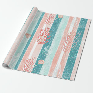Papel De Presente Listras de Coral Padrão de Aquarela Costeira (7)
