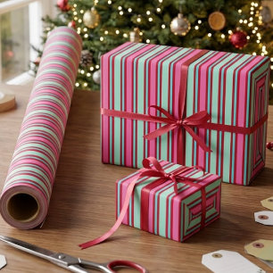 Papel De Presente Listras de Doces Retrô Rosa Quente Vibrante Verde