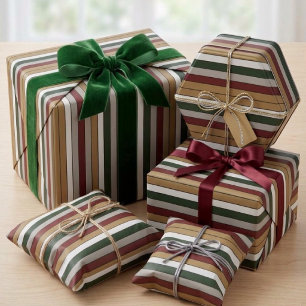Papel De Presente Listras de Natal Dourado Verde Vermelho Prata e Br