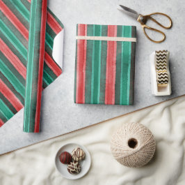 Papel De Presente Listras de Natal em aquarela padrão verde vermelho