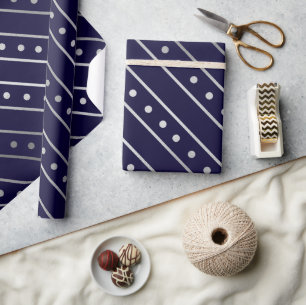 Papel De Presente Listras de Natal em Azul e Prata Elegantes com Fol