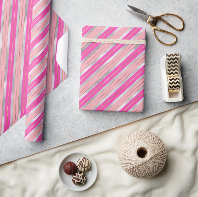 Papel De Presente Listras de Natal em Folha de Pink, Dourado e Prata (Artesanato)