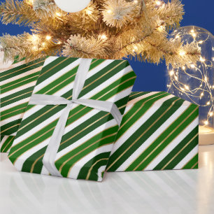 Papel De Presente Listras de Natal em Verde, Branco e Dourado Folhea