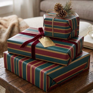 Papel De Presente Listras de Natal Verde Vermelho e Dourado em Balas