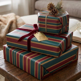 Papel De Presente Listras de Natal Verde Vermelho e Dourado em Balas