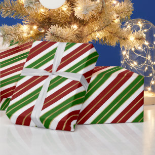 Papel De Presente Listras de Natal Verde, Vermelho e Dourado em Folh