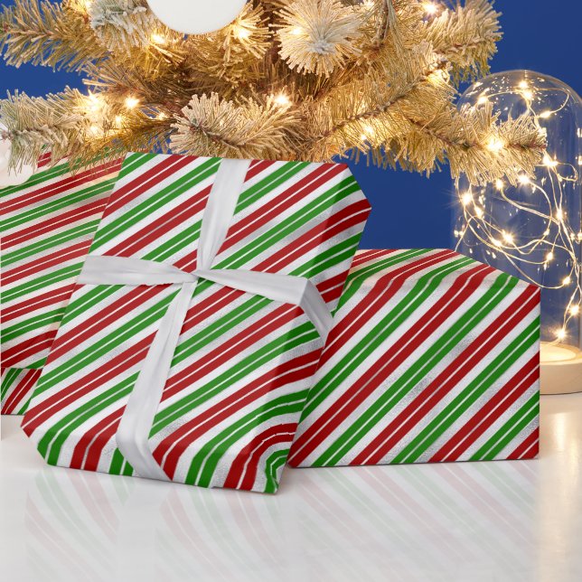 Papel De Presente Listras de Natal Vermelhas, Verdes e Prateadas (Feriados)