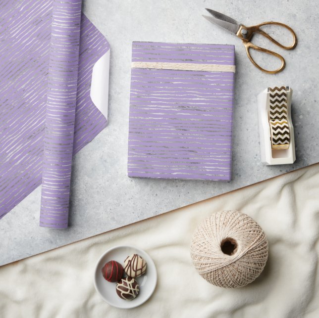 Papel De Presente Listras de Prata Roxo Lavanda Aniversário (Artesanato)