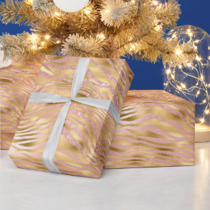 Papel De Presente Listras de Tigre com Brilho Rosa e Dourado Glam