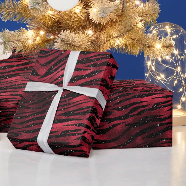 Papel De Presente Listras de Tigre com Brilho Vermelho Glamouroso (Feriados)