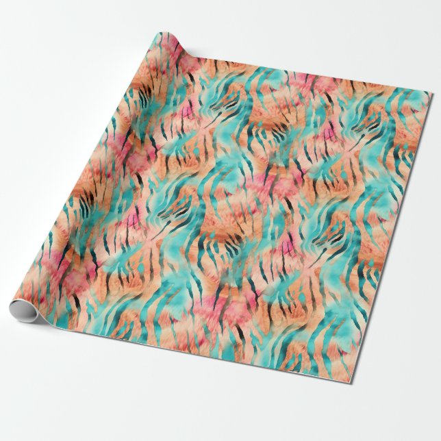 Papel De Presente Listras de tigre rosa, turquesa e laranja (Desenrolado)