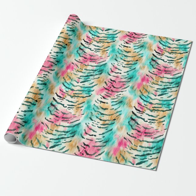 Papel De Presente Listras de Tigre Rosa, Turquesa e Marrom (Desenrolado)