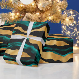 Papel De Presente Listras de Tigre Teal Dourado | Animal Abstrato Gl
