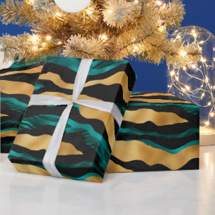Papel De Presente Listras de Tigre Teal Dourado Animal Abstrato Gl