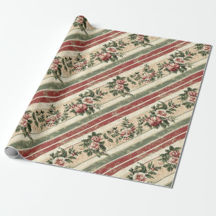 Papel De Presente Listras de Verde Floral Natal Heritage Vermelho