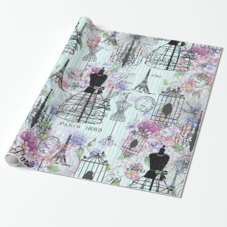 Papel De Presente Listras de Vintage Torre Eiffel colagem cor-de-ros