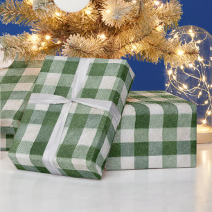 Papel De Presente Listras de Xadrez Verde Creme Quente de Natal  