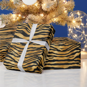Papel De Presente Listras Douradas de Tigre   Padrão Ousado de Anima