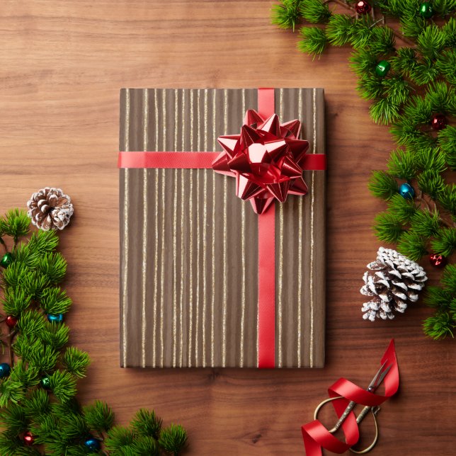 Papel De Presente Listras Douradas Marrons de Natal (Presente de Natal)