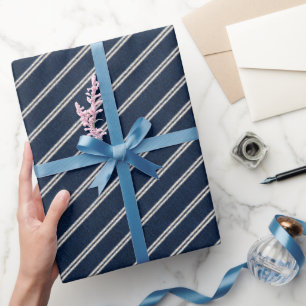 Papel De Presente Listras Duplas Azul Marinho Tecido Marfim