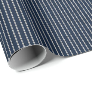 Papel De Presente Listras Duplas Azul Marinho Tecido Marfim