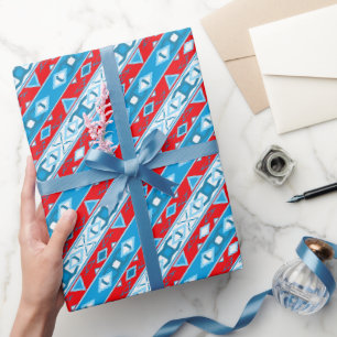Papel De Presente Listras e formas geométricas de branco azul vermel