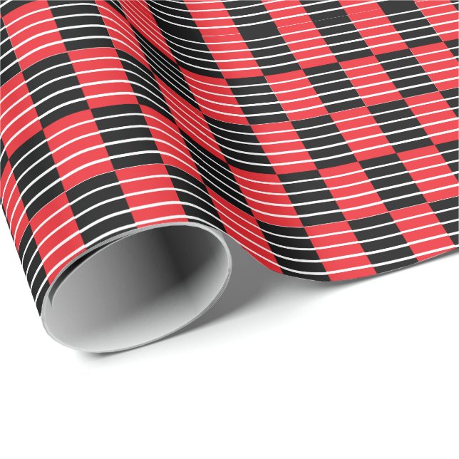 Papel De Presente Listras e Xadrez Preto Vermelho  (Ponta do rolo)
