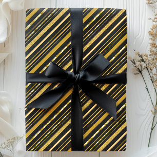 Papel De Presente Listras Elegantes em Preto e Dourado