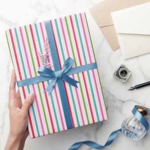 Papel De Presente Listras em Rosa, Vermelho, Verde e Turquesa