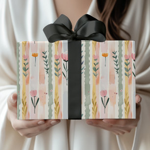 Papel De Presente Listras Florais em Aquarela Pastel Vintage